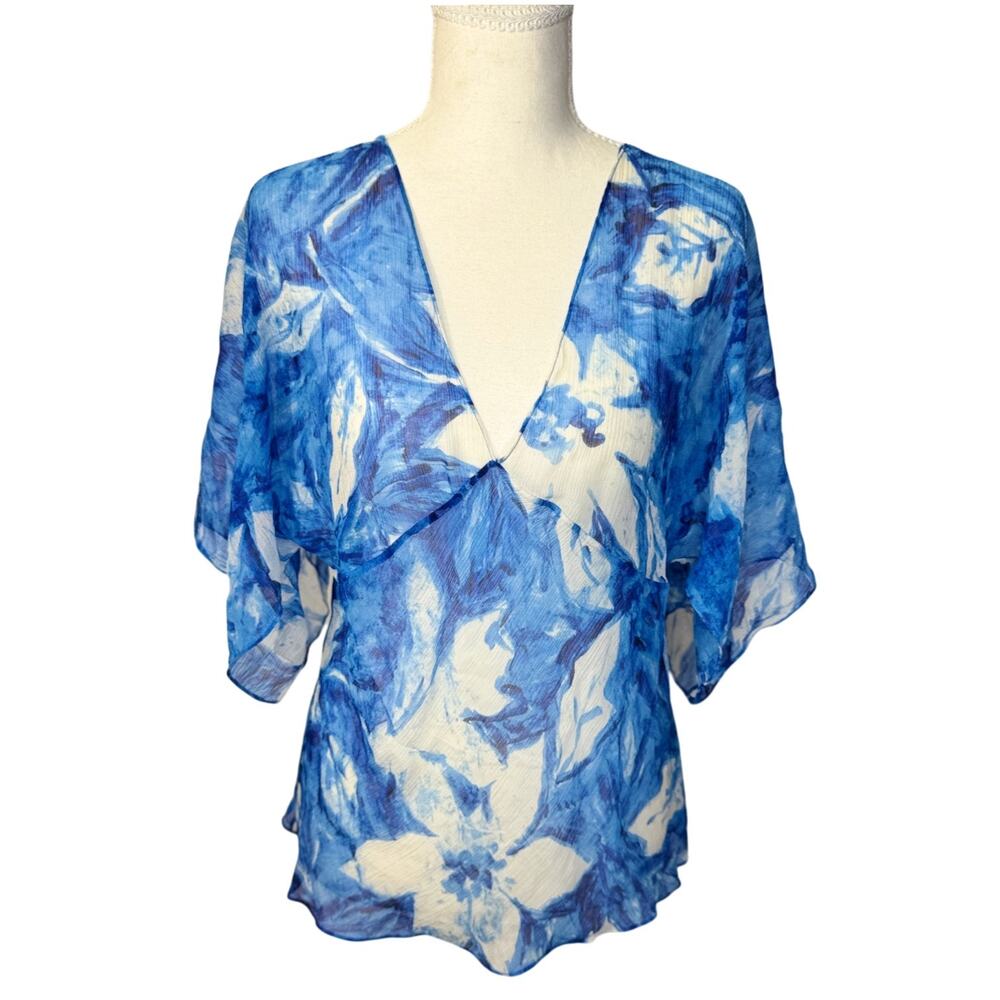 Lauren Ralph Lauren Silk Blue Floral Blouse Women's 10P Petite Coastal Cruise - Picture 15 of 16